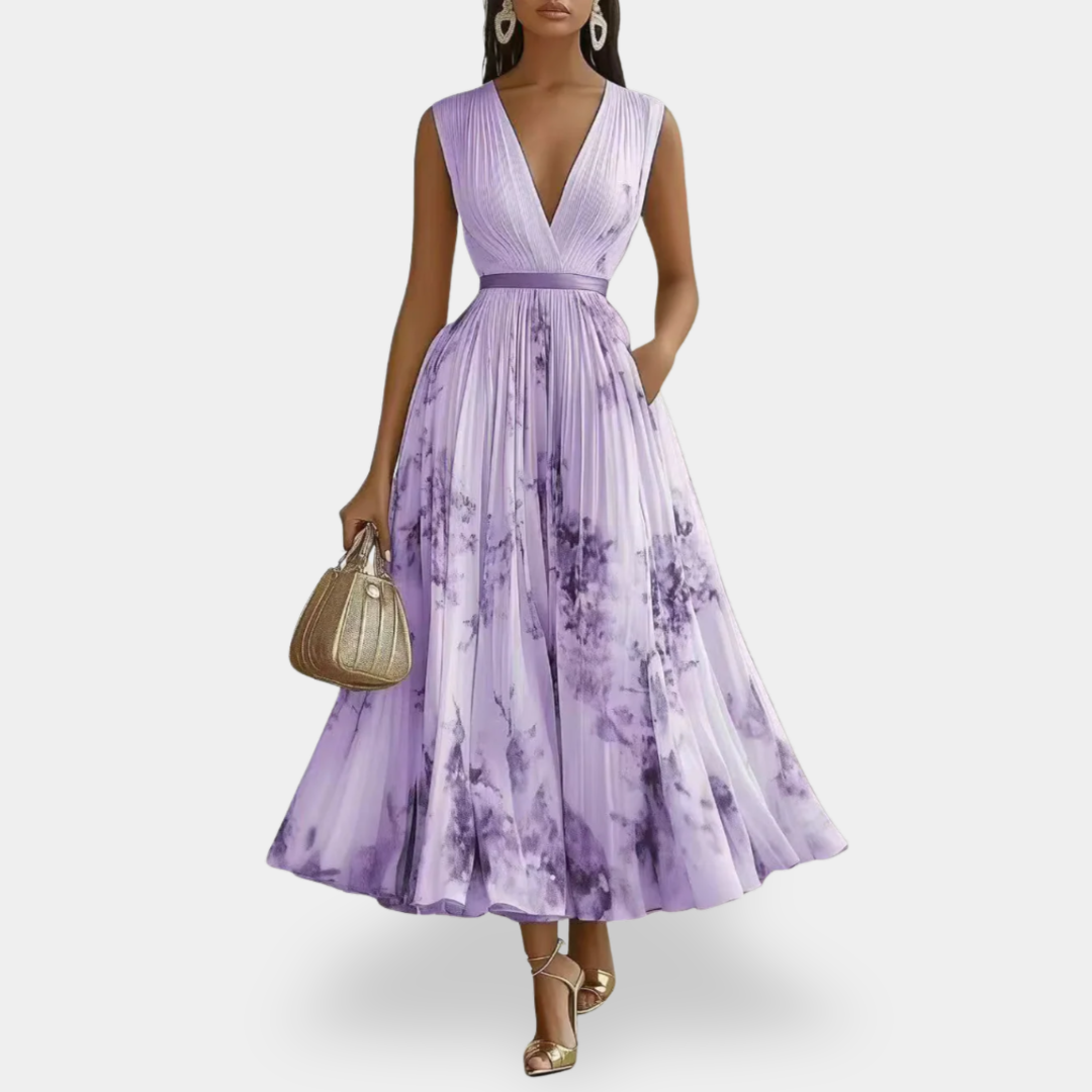 Marble Print Deep V-Neck Pleated Belted Sleeveless Midi Dress 3