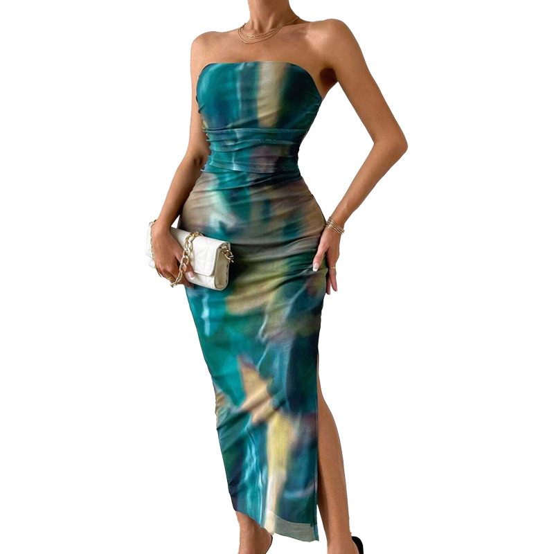 Floral Print Strapless Ruched High Split Bodycon Maxi Dress 15