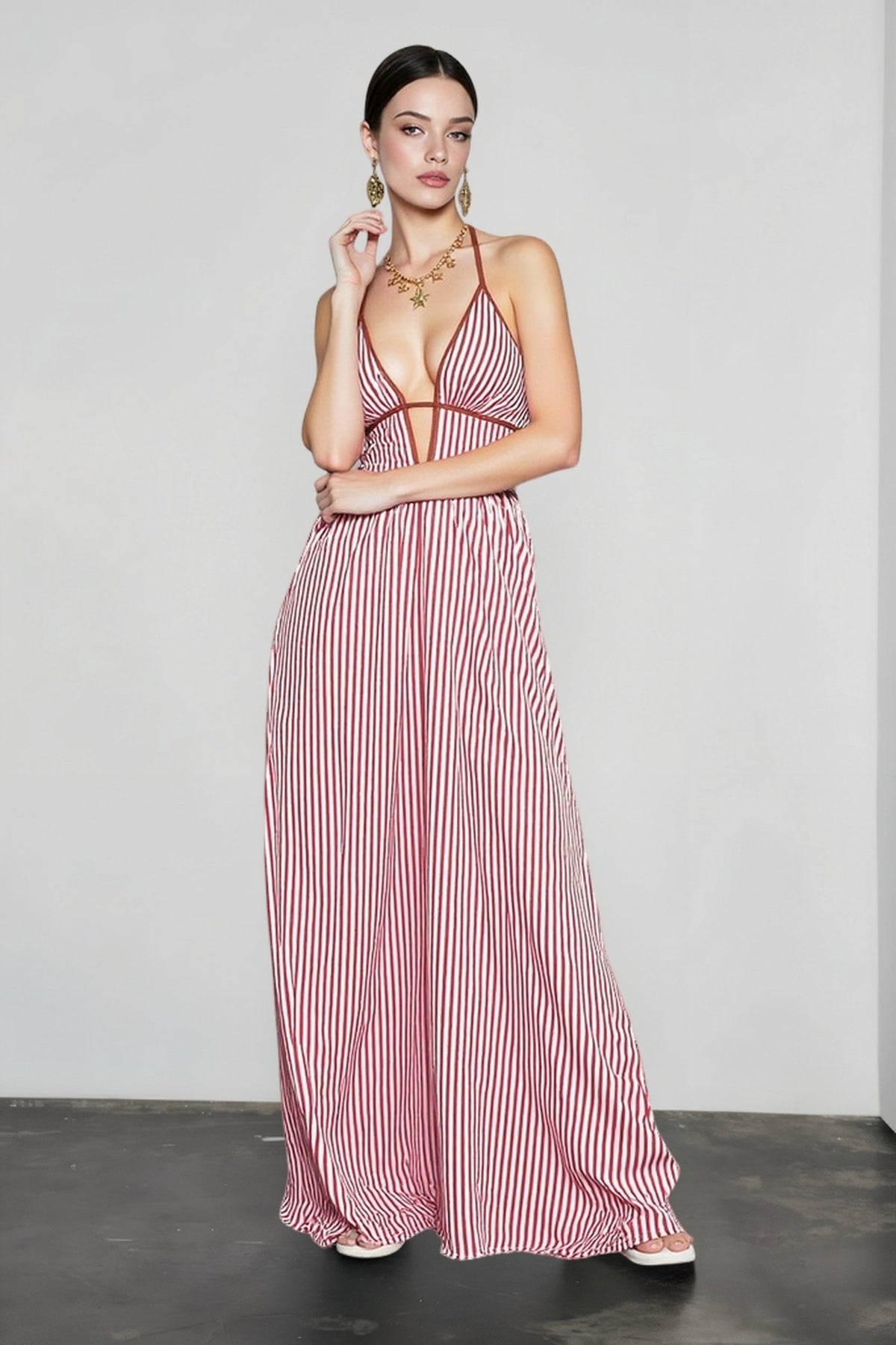 Striped Plunge Neck Halter Contrast Trim A-Line Maxi Dress 5