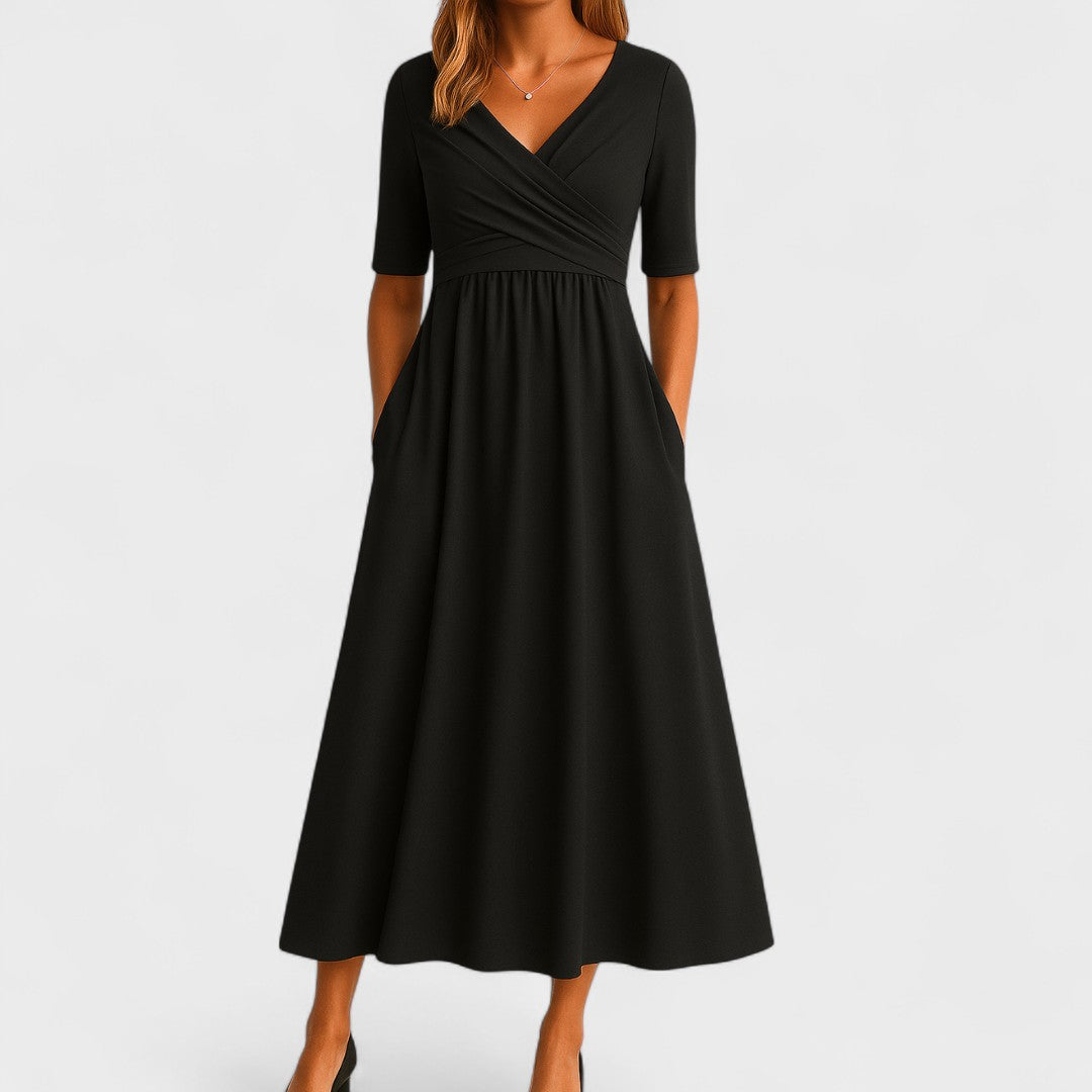 V-Neck Short Sleeve Ruched Waist Pocket A-Line Midi Dress 3
