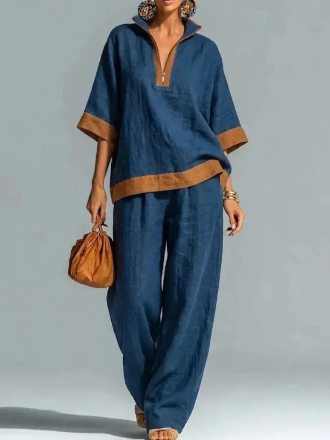 Quarter Zip Collared Contrast Trim Top and Wide Leg Pants Two Piece Set 4