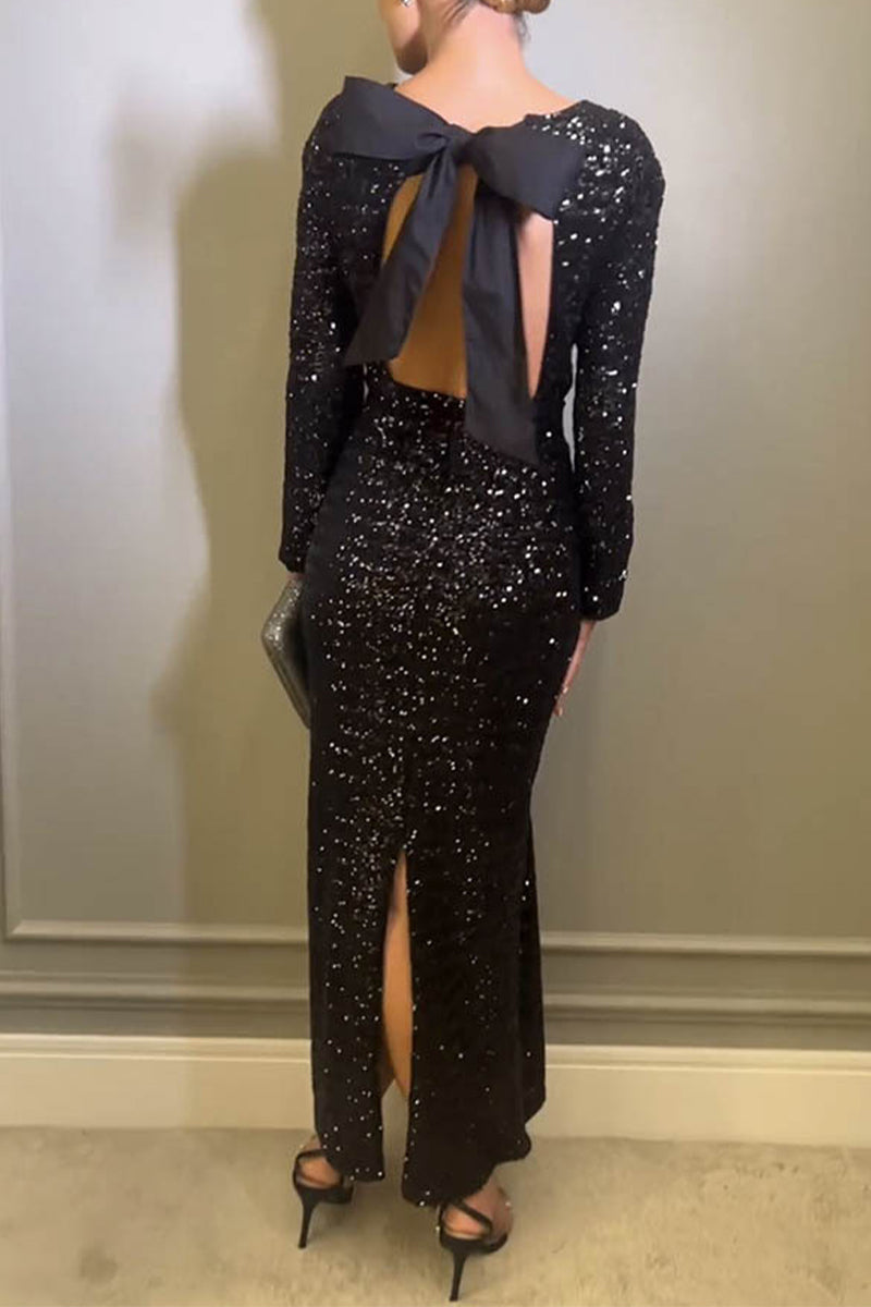 Sequin Round Neck Long Sleeve Ruched Bodycon Maxi Dress - View 4