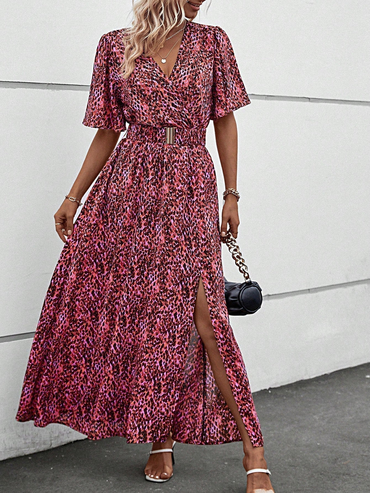Leopard Print Wrap Flutter Sleeve Belted High Split Maxi Dress - View 9
