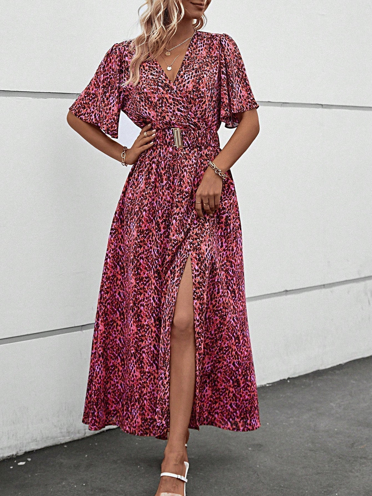 Leopard Print Wrap Flutter Sleeve Belted High Split Maxi Dress - View 10