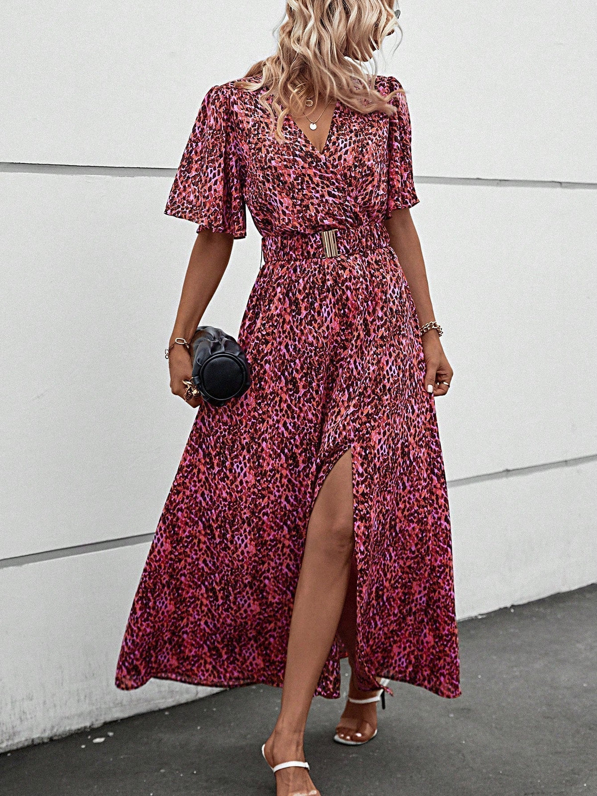 Leopard Print Wrap Flutter Sleeve Belted High Split Maxi Dress - View 13