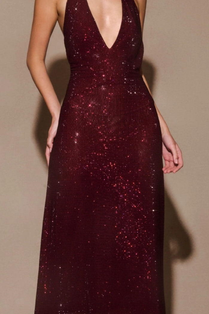 Halter Neck Deep V-Neck Backless Rhinestone Bias Cut Maxi Prom Dress - View 5