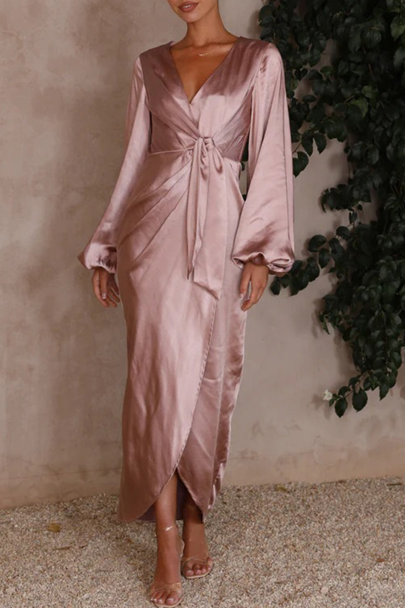 Satin Wrap Deep V-Neck Balloon Sleeve Tie Waist High Split Maxi Dress - View 3