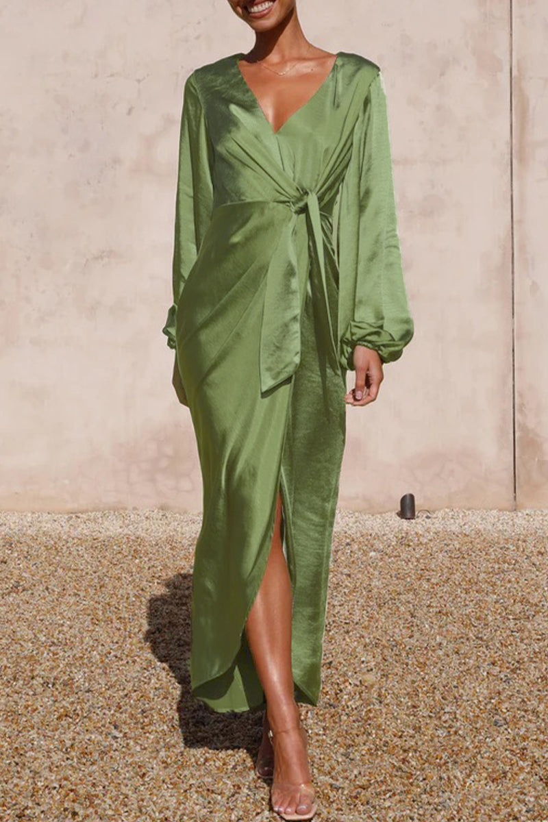 Satin Wrap Deep V-Neck Balloon Sleeve Tie Waist High Split Maxi Dress - View 5