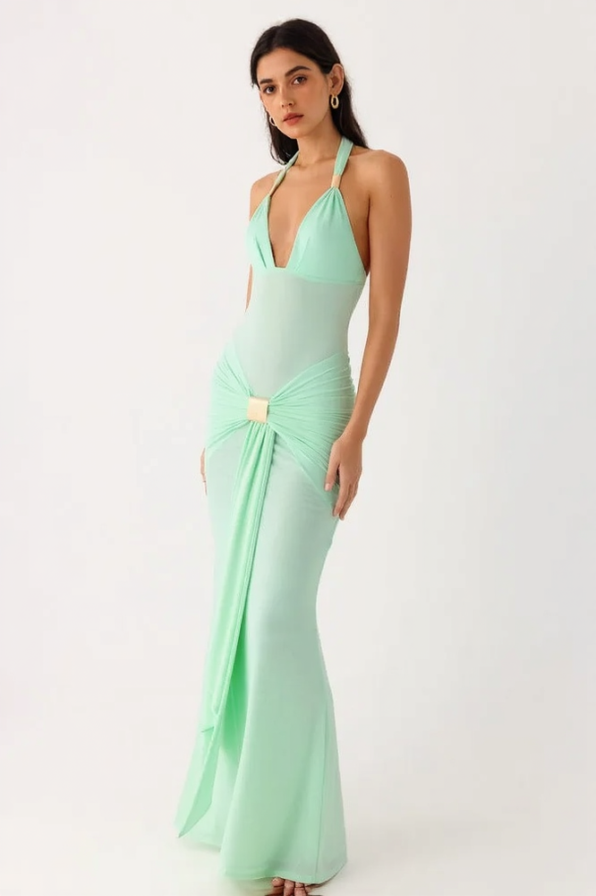 Deep V-Neck Halter Neck Backless Sash Bodycon Maxi Dress - View 10
