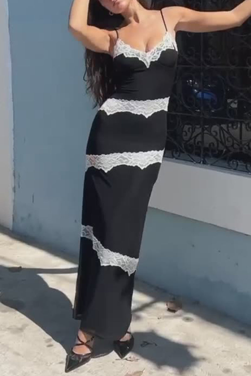 Lace Trim V-Neck Spaghetti Strap Ribbed Knit Bodycon Maxi Dress - View 2
