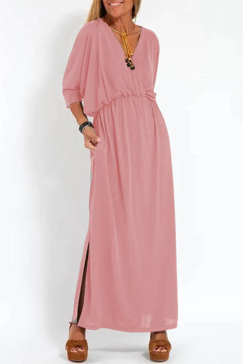 V-Neck 3/4 Sleeve Elastic Waist Pocket High Split Maxi Dress - View 7