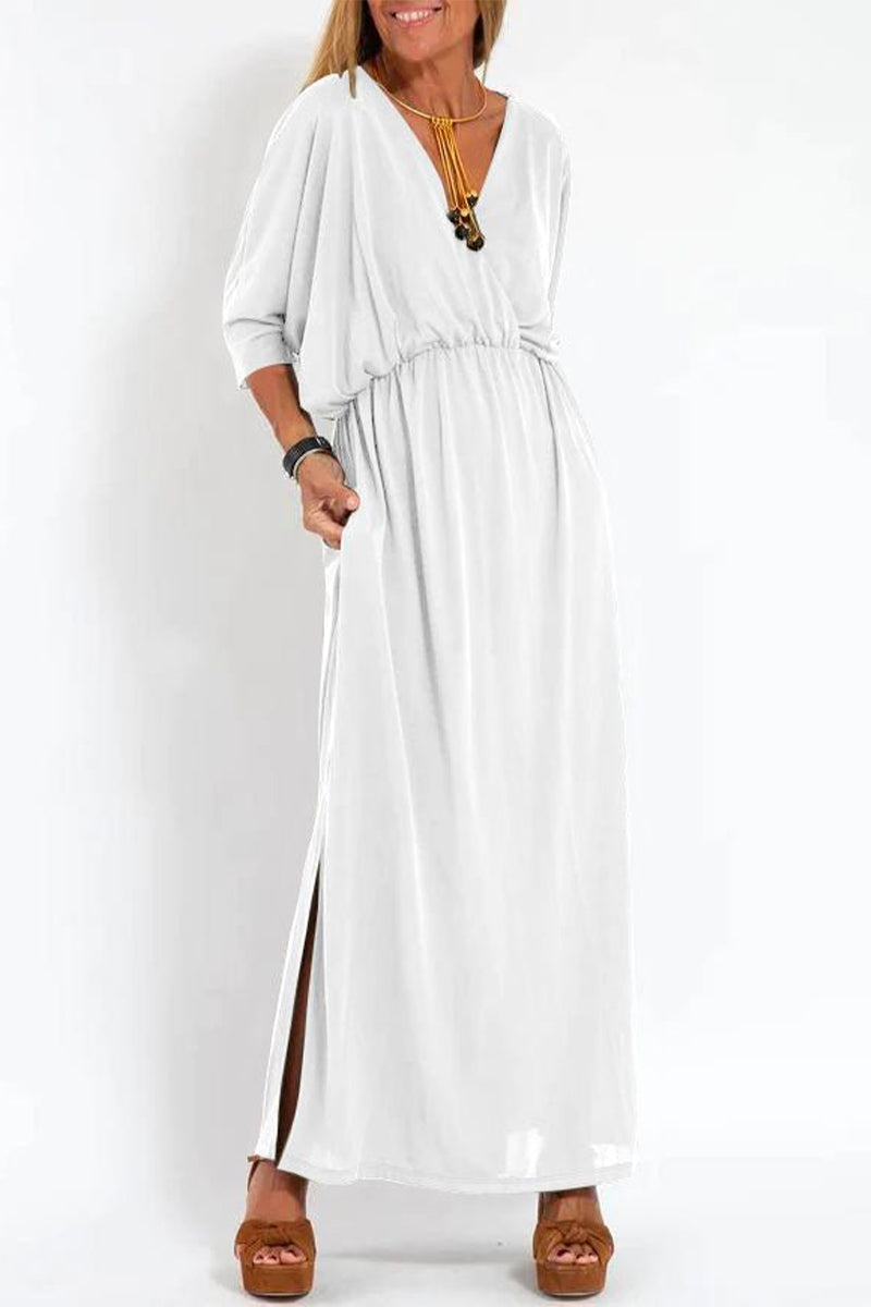 V-Neck 3/4 Sleeve Elastic Waist Pocket High Split Maxi Dress