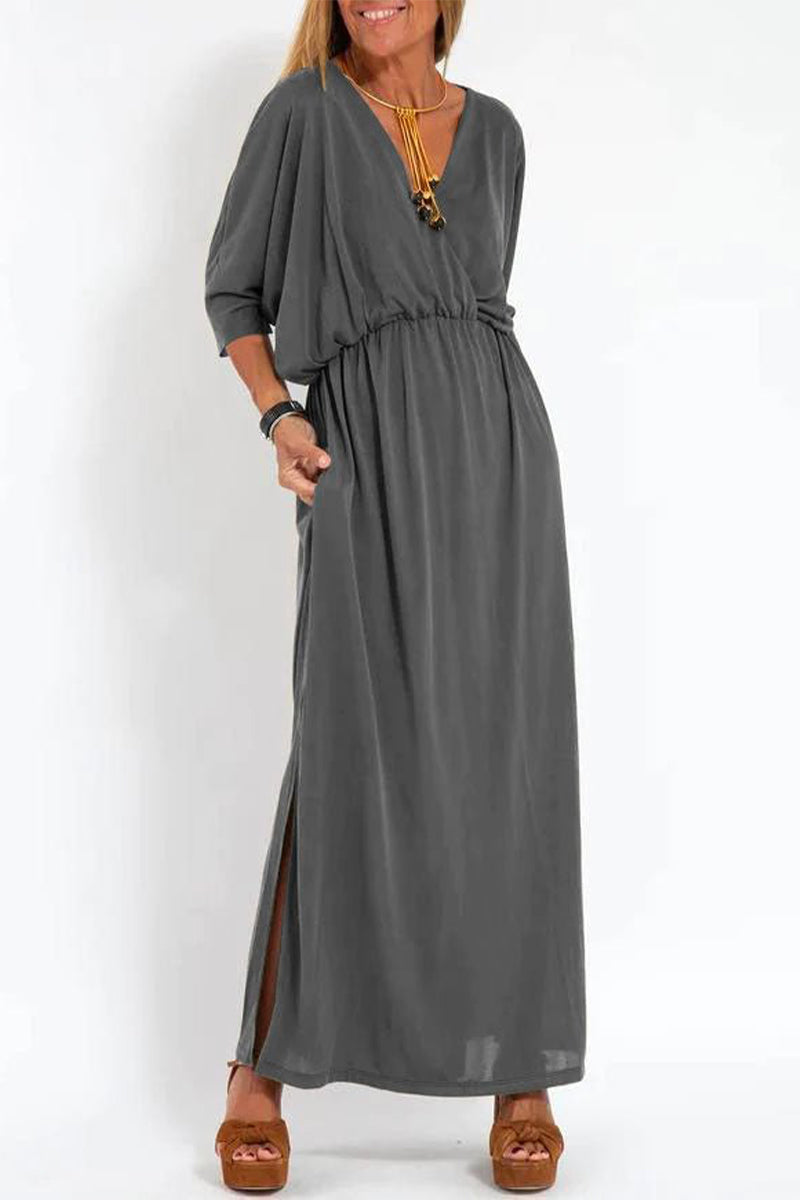 V-Neck 3/4 Sleeve Elastic Waist Pocket High Split Maxi Dress - View 3