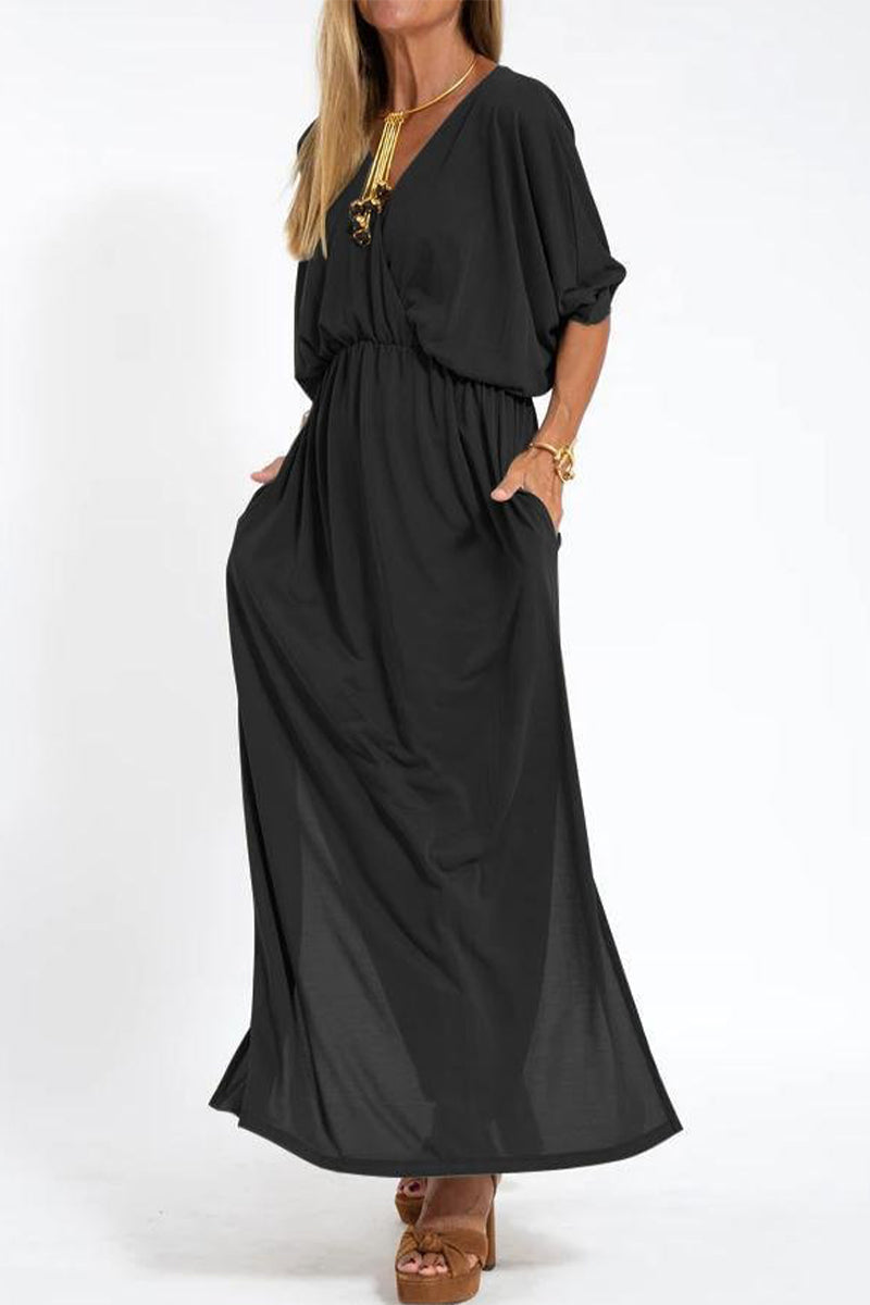V-Neck 3/4 Sleeve Elastic Waist Pocket High Split Maxi Dress - View 2
