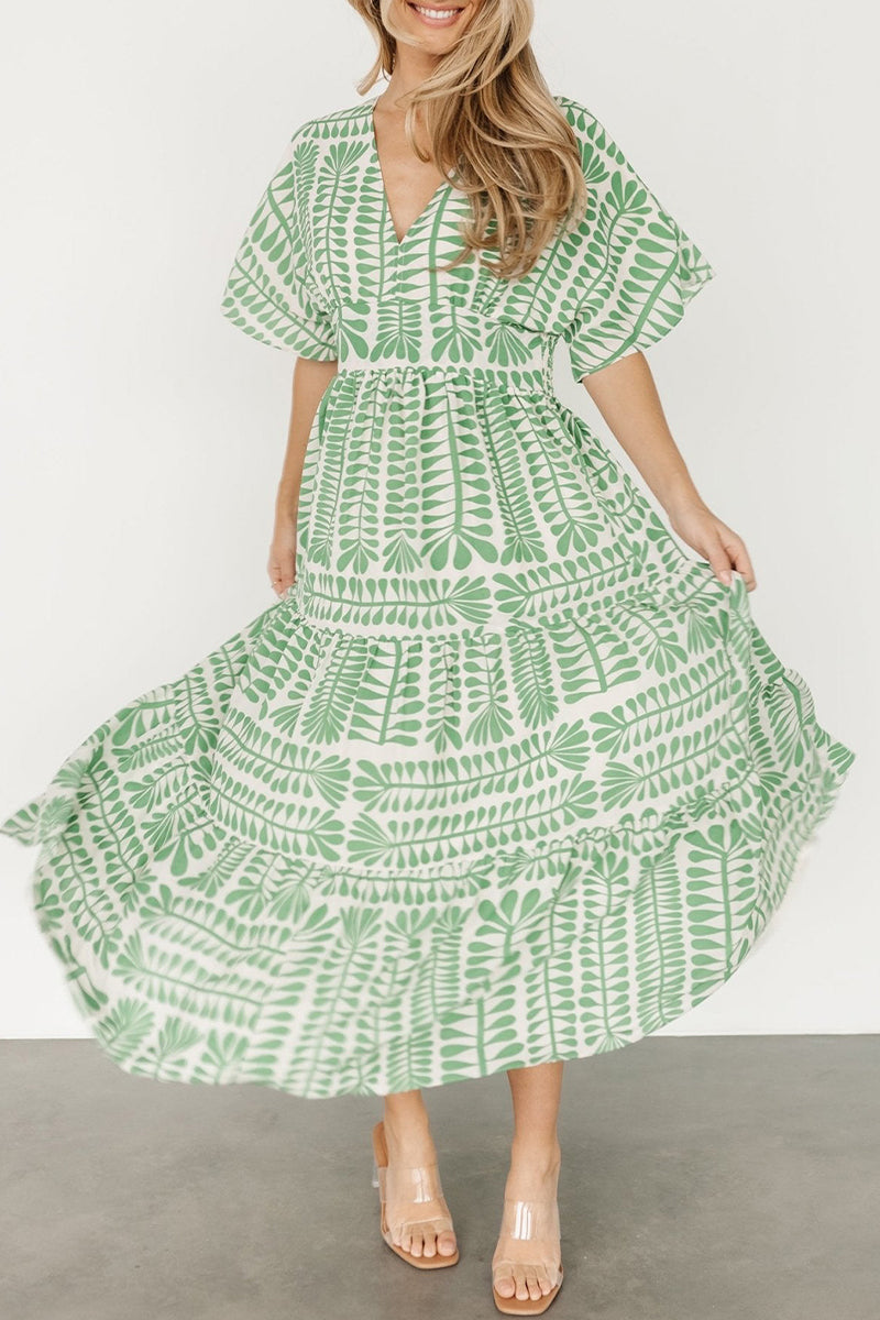 Geometric Print V-Neck Batwing Sleeve Tiered Boho Midi Dress - View 8