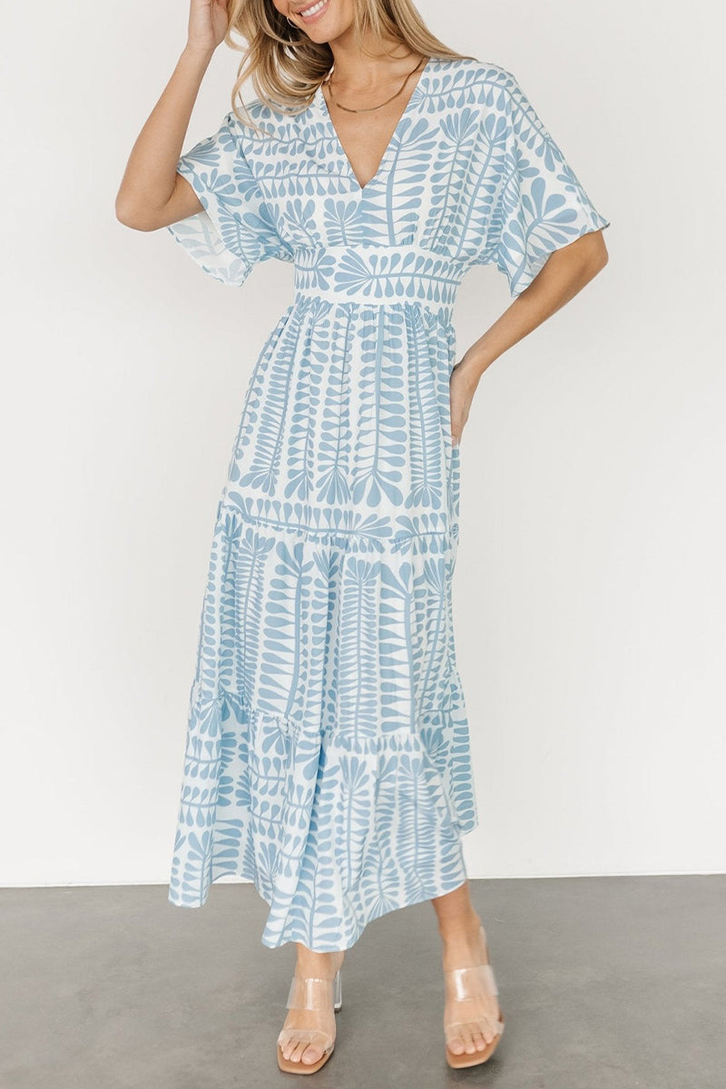 Geometric Print V-Neck Batwing Sleeve Tiered Boho Midi Dress - View 6