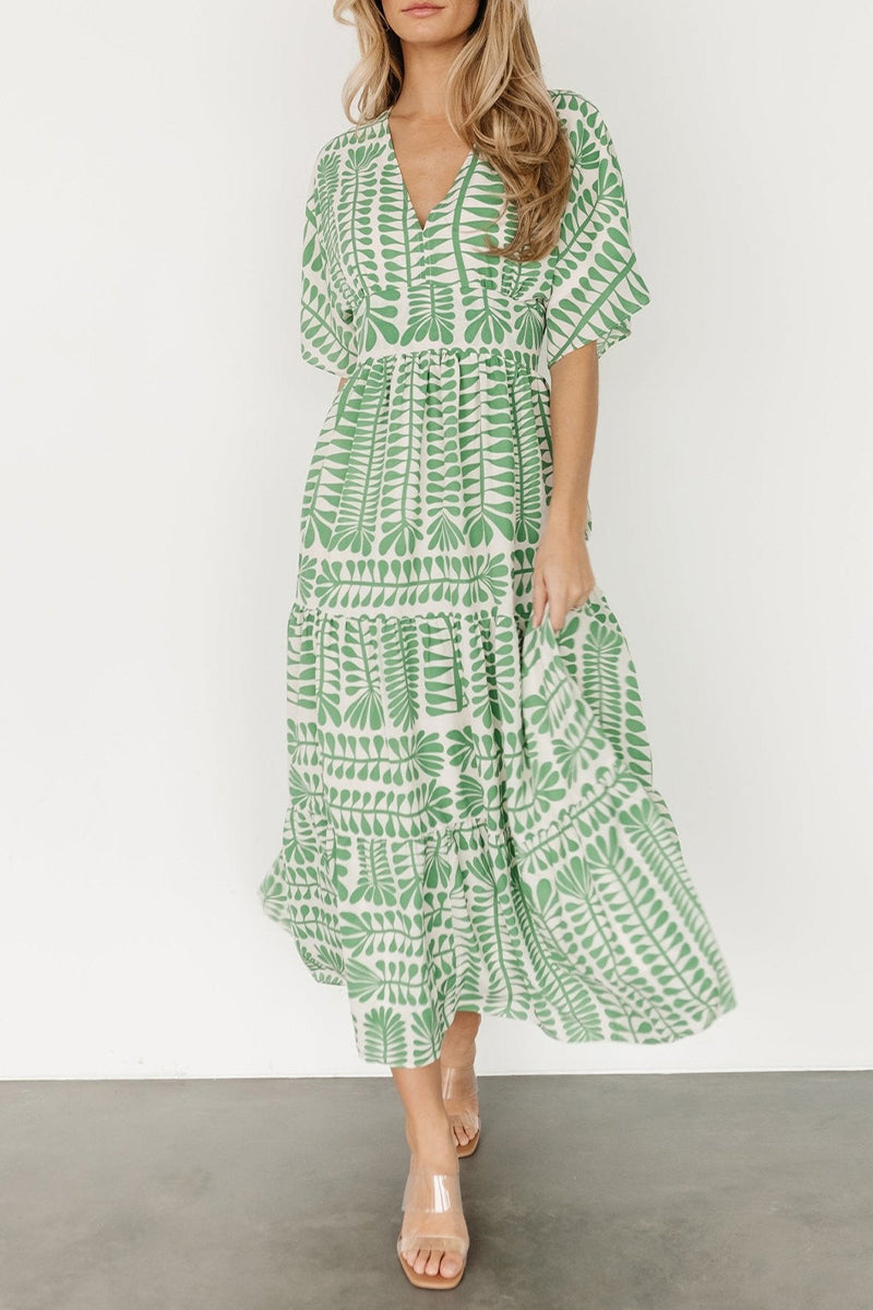 Geometric Print V-Neck Batwing Sleeve Tiered Boho Midi Dress - View 9