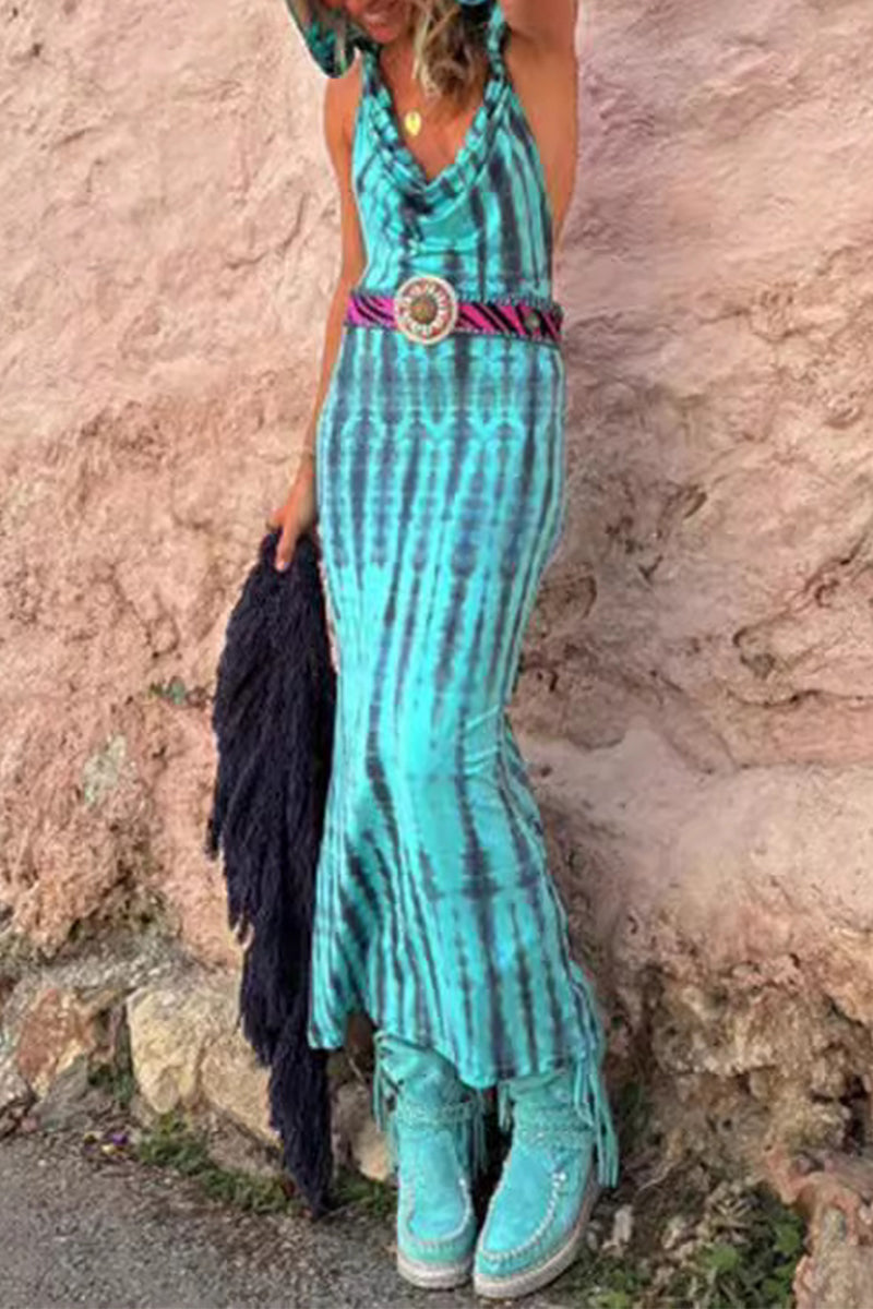 Tie Dye Cowl Neck Halter Backless Bodycon Maxi Dress - View 2