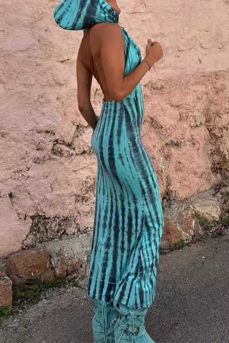 Tie Dye Cowl Neck Halter Backless Bodycon Maxi Dress - View 4