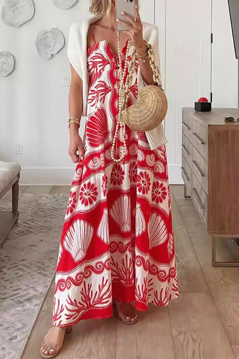 Spaghetti Strap V-Neck Shell Print Tiered Boho Maxi Summer Dress