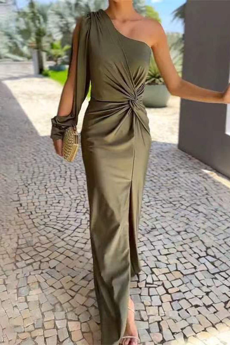 One Shoulder Split Sleeve Twisted Waist Ruched Maxi Gown - View 2