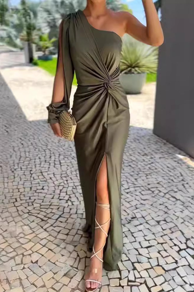 One Shoulder Split Sleeve Twisted Waist Ruched Maxi Gown