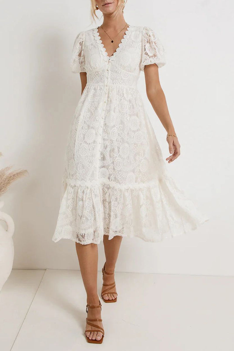 Lace Deep V-Neck Puff Sleeve Button Front Tiered Ruffle Hem Midi Dress