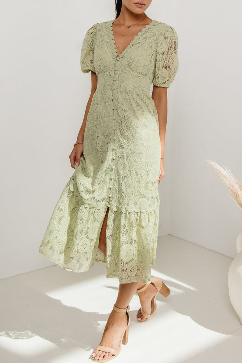 Lace Deep V-Neck Puff Sleeve Button Front Tiered Ruffle Hem Midi Dress - View 4