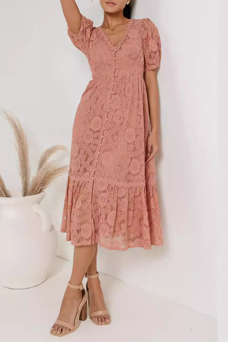 Lace Deep V-Neck Puff Sleeve Button Front Tiered Ruffle Hem Midi Dress - View 3