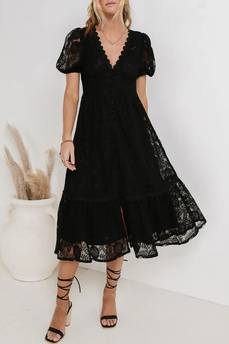 Lace Deep V-Neck Puff Sleeve Button Front Tiered Ruffle Hem Midi Dress - View 2