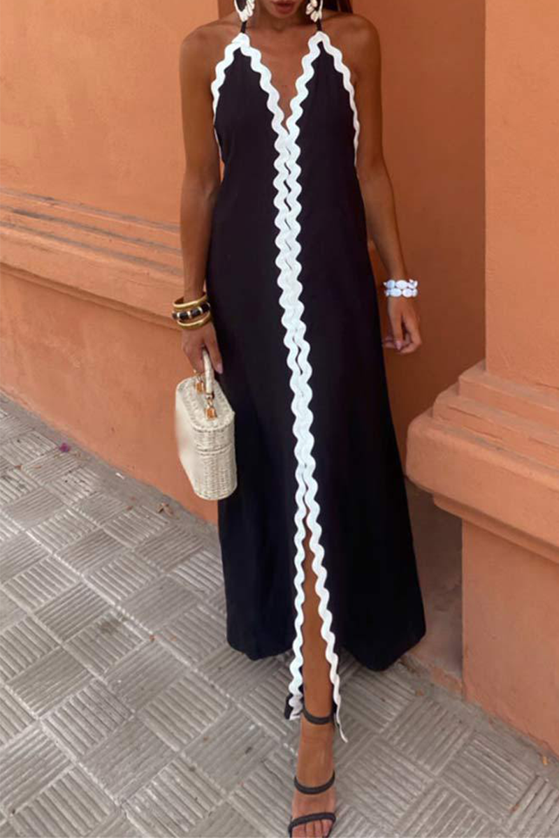 Halter Neck Deep V Backless Contrast Trim Maxi Summer Dress - View 2