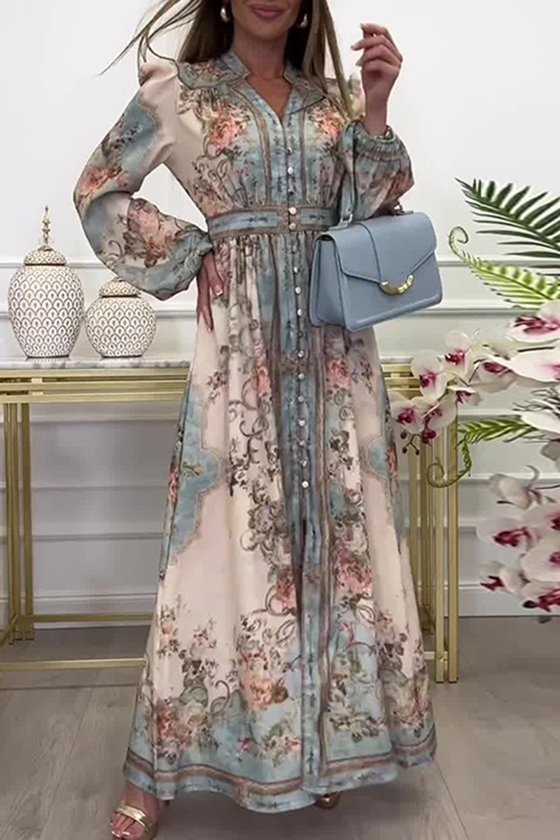 Floral Print V-Neck Long Sleeve Belted A-Line Maxi Dress - View 3