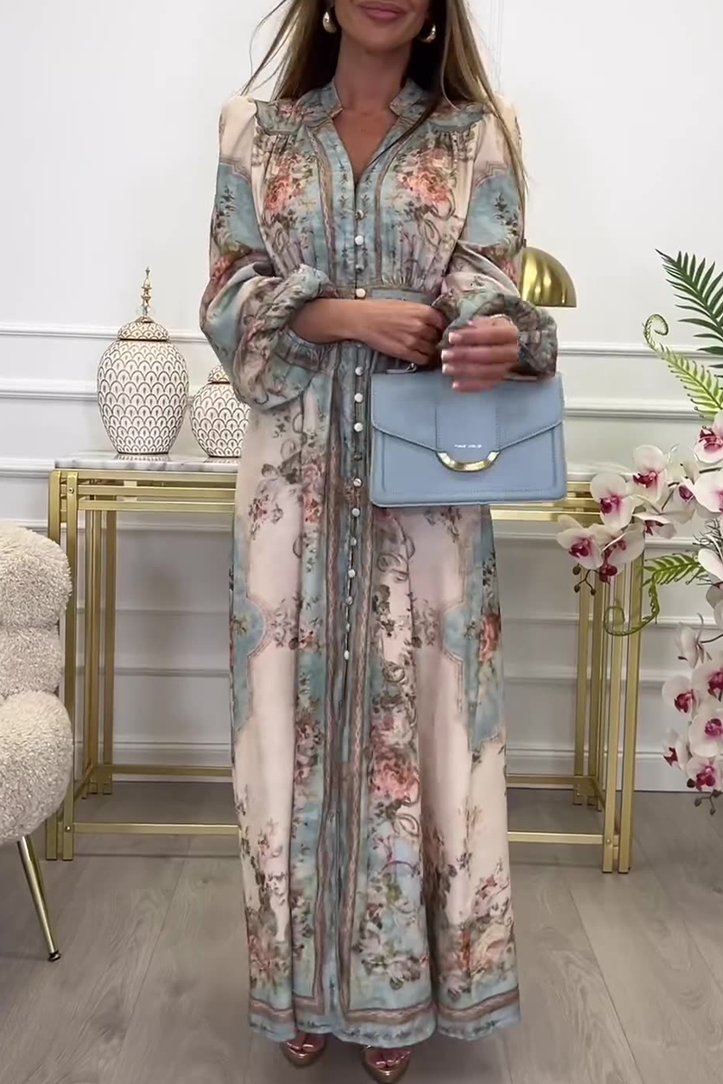 Floral Print V-Neck Long Sleeve Belted A-Line Maxi Dress - View 2