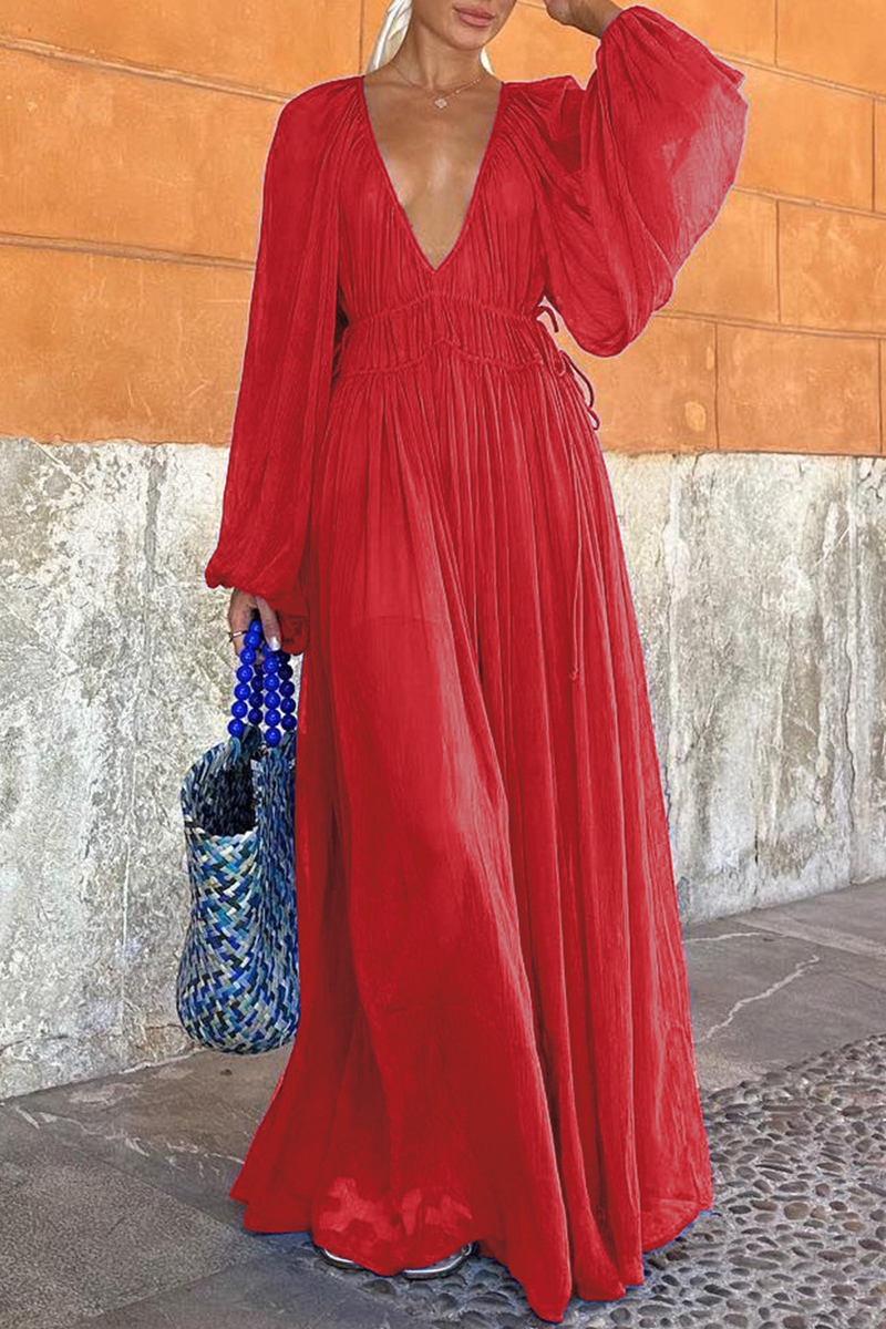 Deep V-Neck Lantern Sleeve Drawstring Waist Pleated Sheer Maxi Dress - View 2