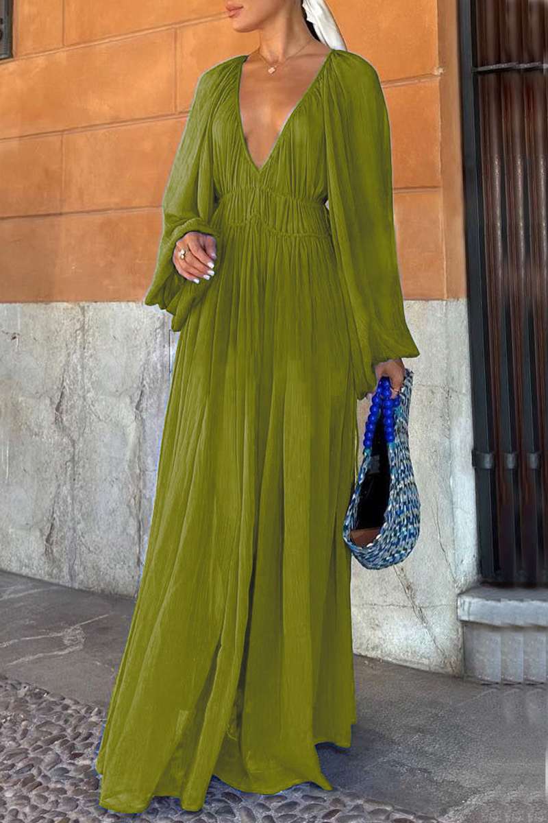 Deep V-Neck Lantern Sleeve Drawstring Waist Pleated Sheer Maxi Dress - View 6