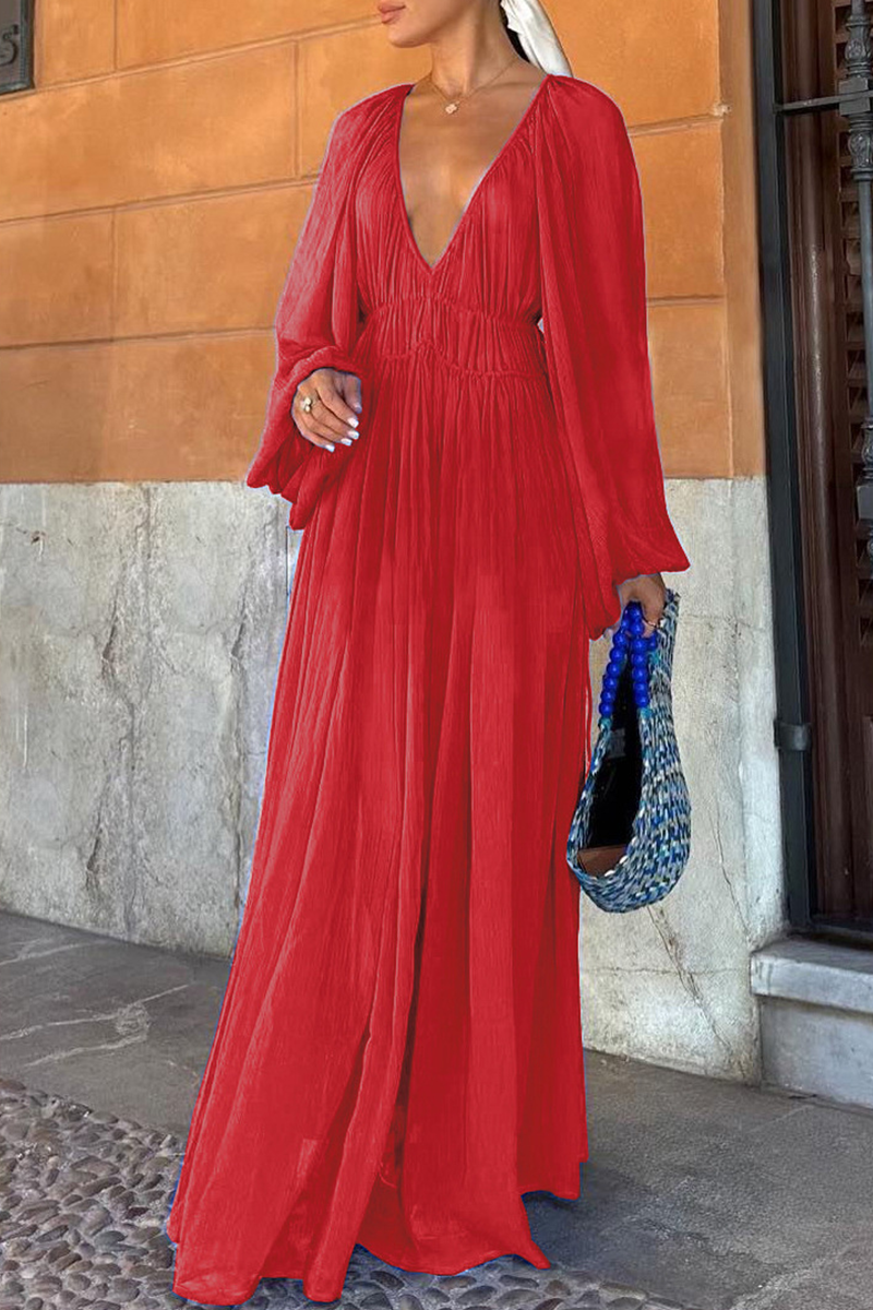 Deep V-Neck Lantern Sleeve Drawstring Waist Pleated Sheer Maxi Dress - View 5