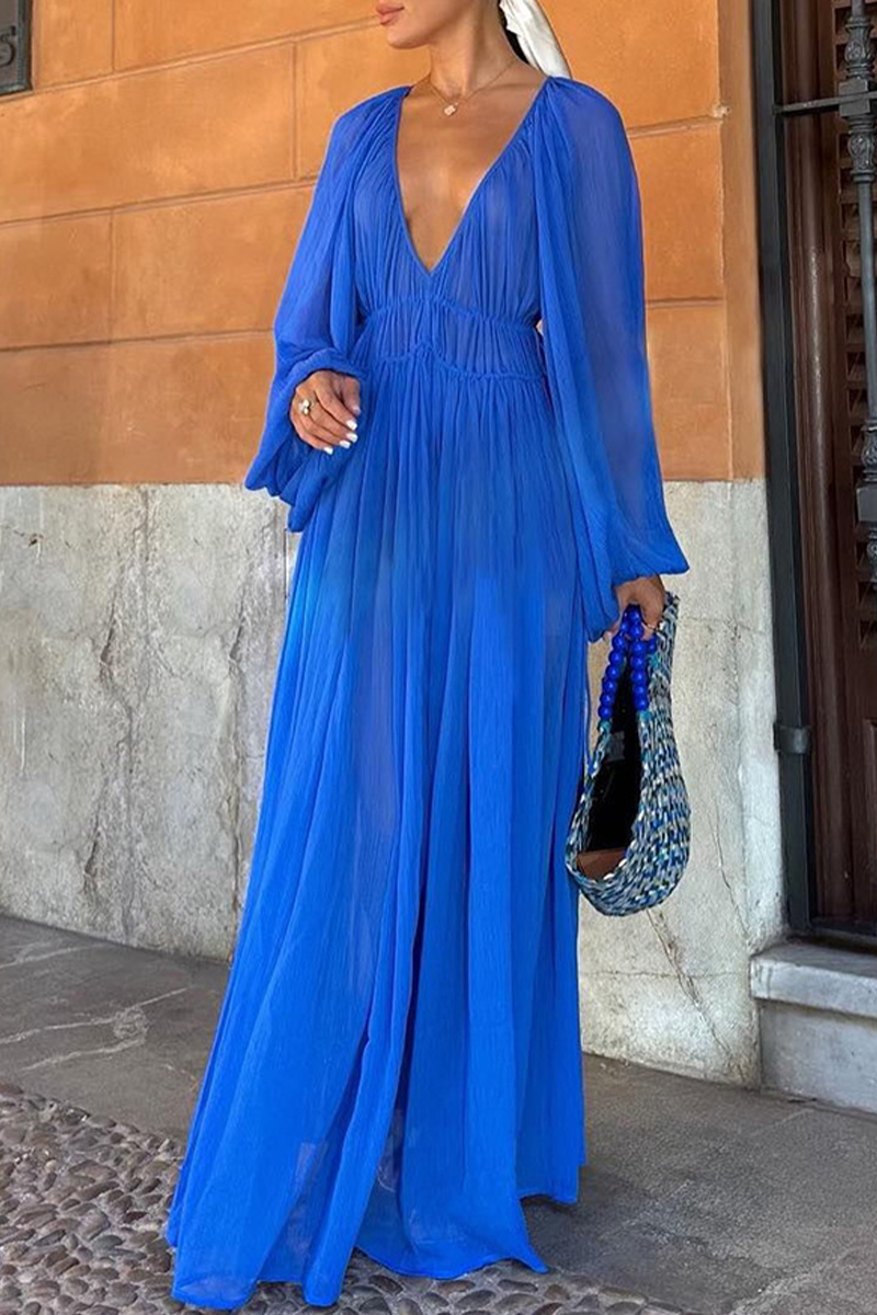 Deep V-Neck Lantern Sleeve Drawstring Waist Pleated Sheer Maxi Dress - View 7