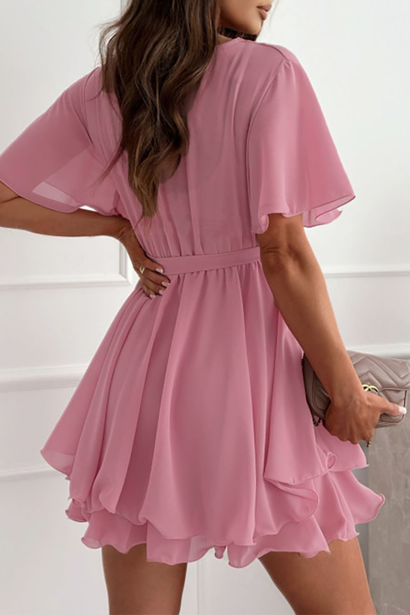 Chiffon V-Neck Wrap Flutter Sleeve Tie Waist Ruffle Mini Dress - View 5