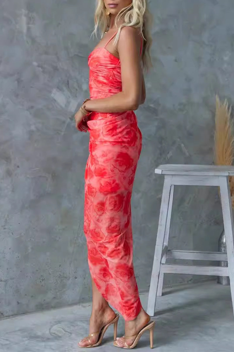 Floral Spaghetti Strap Twist Front Ruched High Split Maxi Dress - View 5