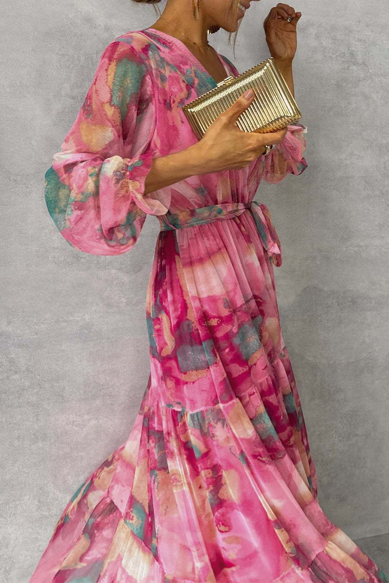 Marble Print Deep V-Neck Ruffle Cuff Tie Waist Tiered Maxi Dress - View 2
