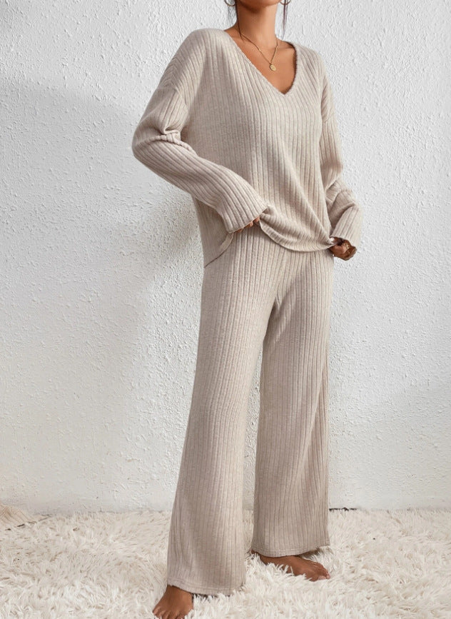Ribbed Knit V-Neck Long Sleeve Top and Wide Leg Pants Two Piece Set 3