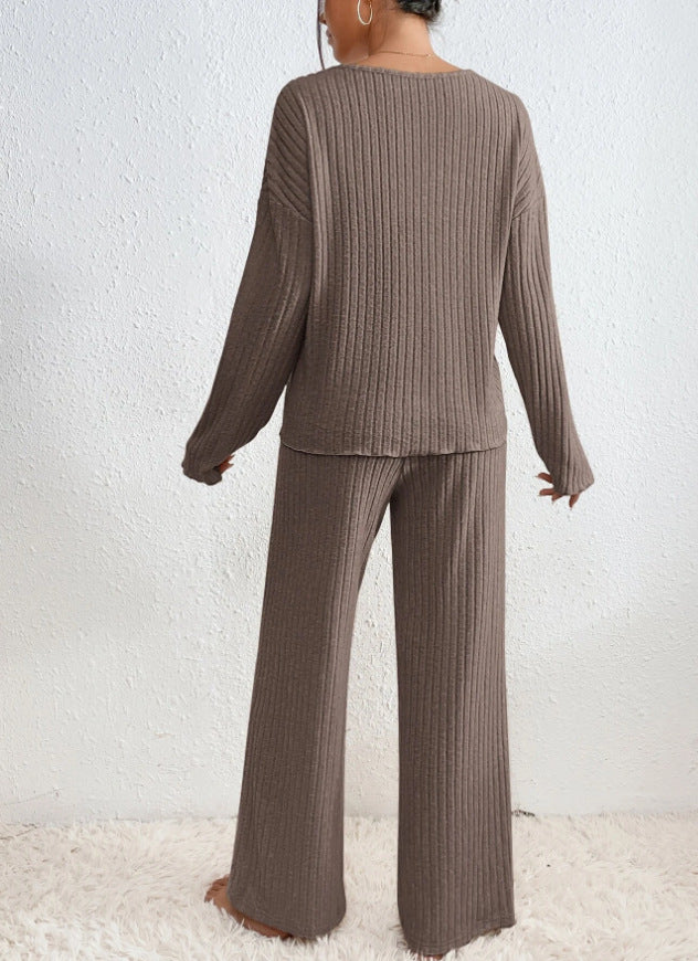 Ribbed Knit V-Neck Long Sleeve Top and Wide Leg Pants Two Piece Set 5