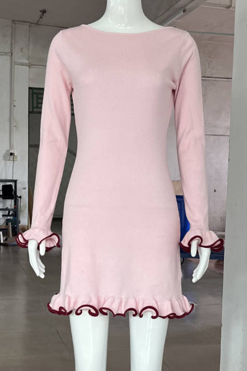 Long Sleeve Round Neck Ruffle Cuff Contrast Trim Bodycon Mini Dress - View 13