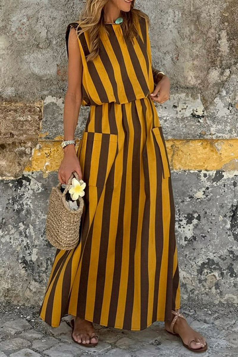 Striped Sleeveless Round Neck Patch Pocket Maxi Dress