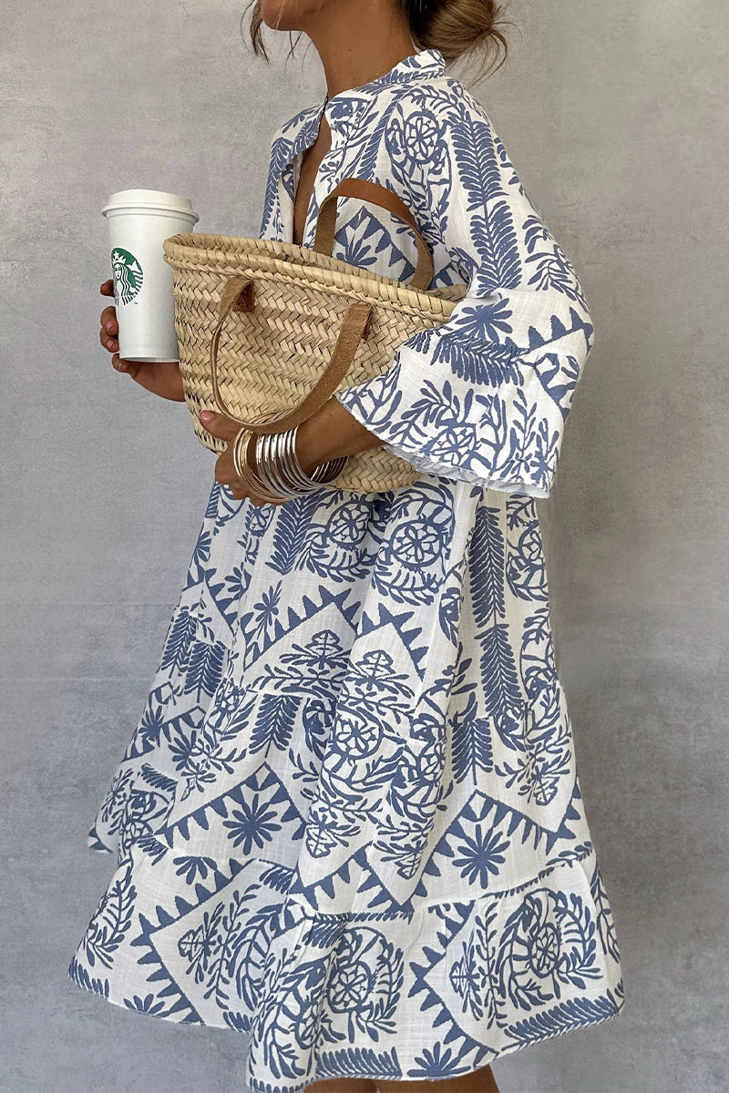 Botanical Print Mandarin Collar Three Quarter Sleeve Mini Dress - View 5