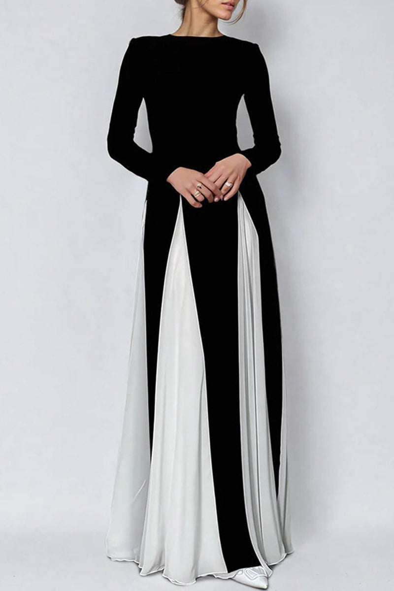 Contrast Godet Panel Long Sleeve Power Shoulder A-Line Maxi Gown - View 4