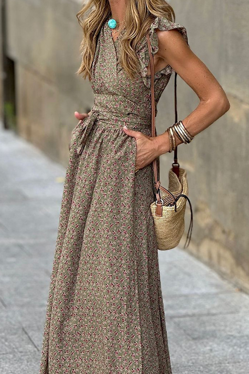 Floral Print Deep V-Neck Ruffle Shoulder Tie Belt Pocket Maxi Dress - View 3