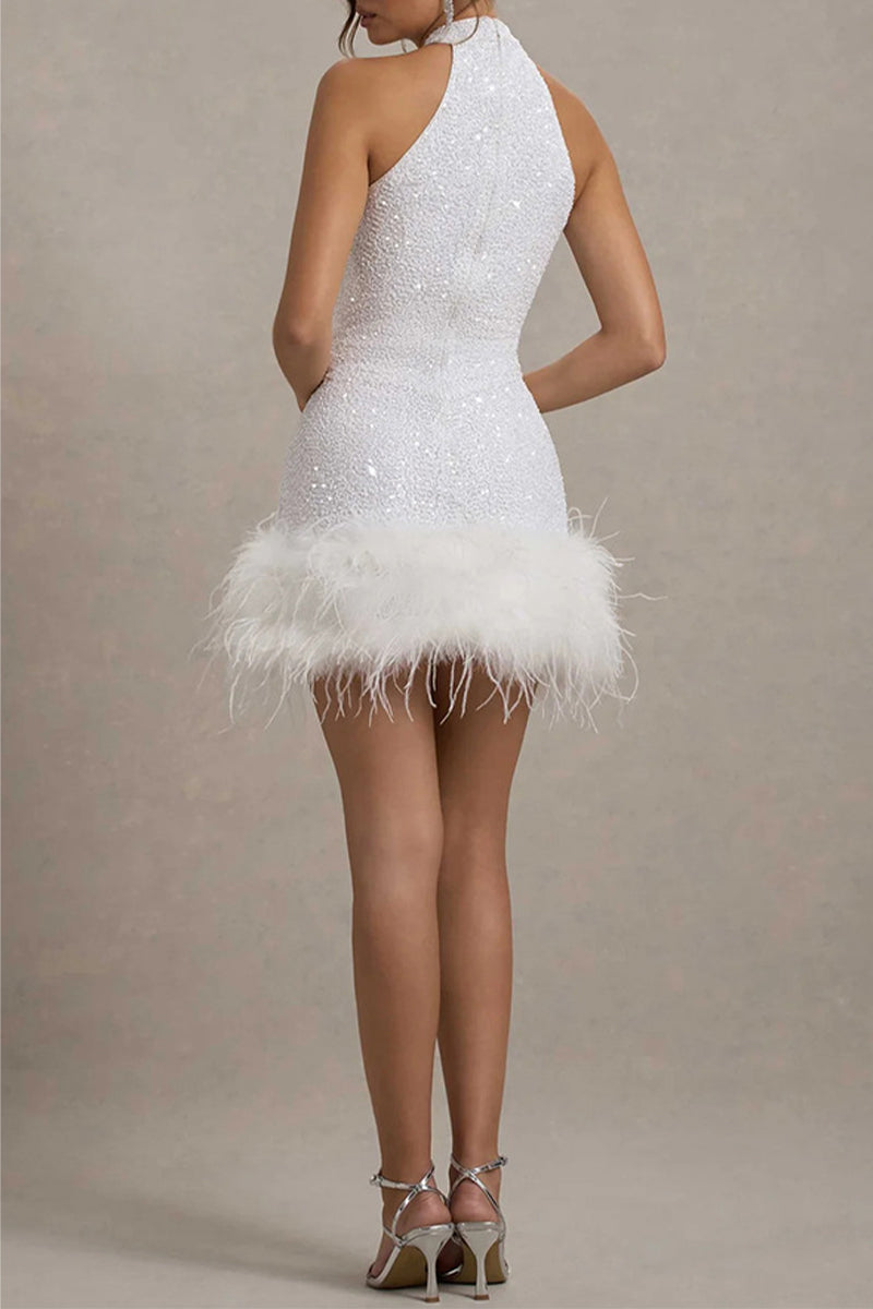 Sequin Halter Neck Feather Trim Bodycon Mini Dress - View 9
