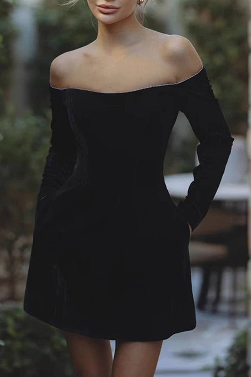 Velvet Off Shoulder Rhinestone Trim Long Sleeve Cocktail Mini Dress - View 4