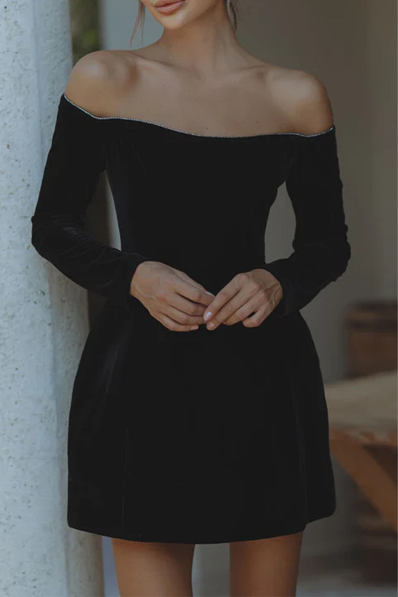 Velvet Off Shoulder Rhinestone Trim Long Sleeve Cocktail Mini Dress